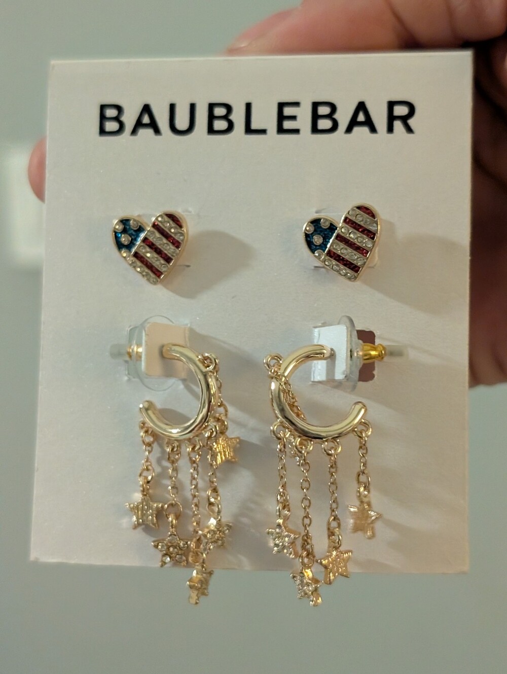 BaubleBar Gold Star Dangle Hoops with American Flag Heart Studs